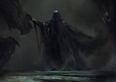 an image of a demonic creature in the middle of a dark forest with fog and water