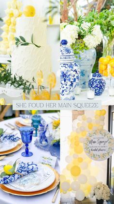 yellow and blue wedding decor with lemons, hydrangeas, and white flowers