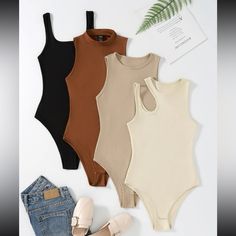 Multipack Bodysuit, Plain Pattern With Cut Out And Ribbed Detail, Sleeveless. Medium Stretch. 95% Polyester, 5% Elastane. Colors- Black, Brown, Nude, Cream Size- 4xl (20) Cut Out Bodysuit, Ribbed Knit Bodysuit, Body Suit Outfits, Tank Bodysuit, Cutout Bodysuit, Plus Size Jumpsuit, Ribbed Bodysuit, Vibe Clothes, Knit Tank