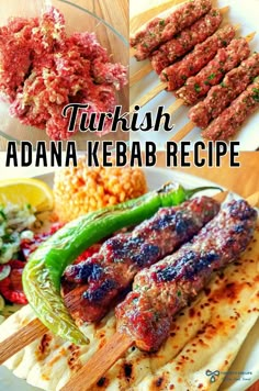 several different types of kebabs on skewers with text overlay that reads, turkish adnan kebab recipe