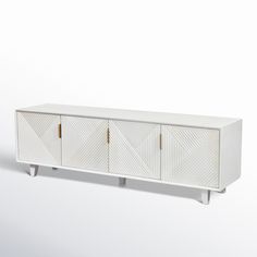 a white cabinet with three doors and two drawers on one side, against a white background