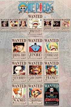 the poster for one piece is displayed in front of an old newspaper page with many different characters