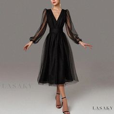 Lasaky - Glamorous Long Dress for Ladies' Parties V Shaped Dress Neckline, Black Full Sleeve Dress, Black Long Sleeve Party Dress, Fashion Dresses Formal, Party Outfits For Women, בר מצווה, فستان سهرة, Color Number, Prom Dresses With Sleeves