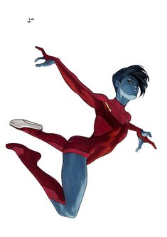 a drawing of a woman in red and blue running with a frisbee on her hand