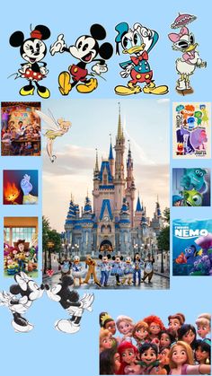 the disney castle is surrounded by many different cartoon characters and their names are shown in this image