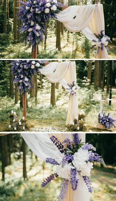 the wedding arch is decorated with purple and white flowers