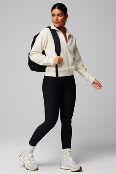 Cozy Fleece 1/2 Zip Sweatshirt - Fabletics Comfortable Fleece Activewear For Fall, Cozy Activewear For Fall Sports, Comfy Winter Activewear, Comfy Winter Everyday Activewear, Comfy Everyday Activewear For Winter, Everyday Fleece Activewear With Ribbed Cuffs, Cozy Stretch Sweatshirt For Everyday, Cozy Long Sleeve Activewear For Fall, Cozy Sweats For Sports In Fall