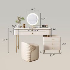 a white dressing table with a mirror, stool and potted plant next to it