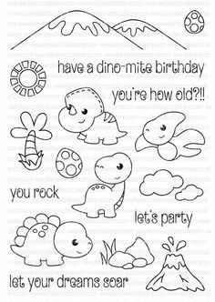 a stamp that says, have a dino mitt birthday you're here now?