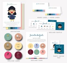 an assortment of business cards and stationery items for children's clothing, including buttons,