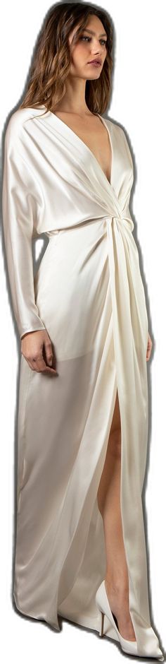 Elegant V-neck Gown With Ruched Bodice, Wedding Evening Dress With Draped Sleeves, Pre-draped Long Sleeve Wedding Gown, Elegant Silk V-neck Gown, Gown With Draped Sleeves And Fitted Bodice, Elegant Bias Cut Draped Gown, Elegant Bias Cut Dress For Wedding Guest, Elegant Draped Bias Cut Gown, Elegant Gala Gown With Draped Sleeves