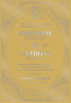 the front and back cover of an art deco style wedding card with gold foil on it