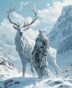 a man riding on the back of a white horse next to a giant deer in snow covered mountains