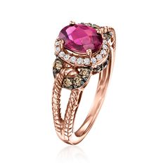 LeVian - Le Vian 1.30ct Raspberry Rhodolite Twisted Ring, .25ct t. w. Chocolate Diamonds, .12ct t. w. Vanilla Diamonds in 14kt Strawberry Gold. Size 7. With a rich history dating back to the 15th century, Le Vian jewelry is well known for its decadent designs and innovative use of color. This radiant ring features a gorgeous 1.30 carat oval rhodolite garnet haloed by .12 ct. t. w. round brilliant-cut white diamonds. For a unique touch of opulence, .25 ct. t. w. round brilliant-cut brown diamonds Le Vian Jewelry, Radiant Ring, Levian Jewelry, Rhodolite Garnet Ring, Brown Diamonds, Twisted Ring, Chocolate Diamonds, Le Vian, Twist Ring