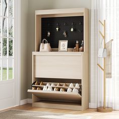 a wooden shoe rack filled with pairs of shoes