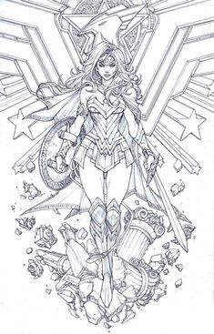 a pencil drawing of a woman in wonder costume