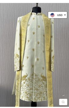 White Sherwani With Gold Embroidery For Reception, Elegant Gold Sherwani With Self Design, Fitted Cream Sherwani With Gold Embroidery, Gold Sherwani With Gold Embroidery, Semi-stitched, Gold Embroidered Semi-stitched Sherwani, Men Dressing, Dressing Ideas, Mens Wear, Wedding Board