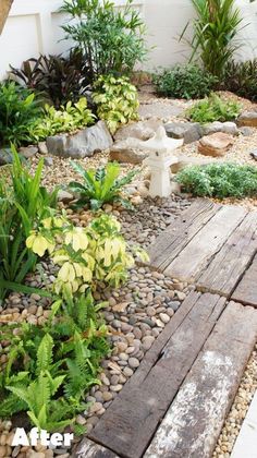 a garden with rocks and plants around it