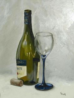 a painting of a wine glass next to a bottle and cork on a white surface