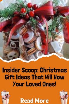 a bag filled with lots of cookies and candies on top of a table next to an orange sign that says insider scoop christmas gift ideas that will wow your loved ones