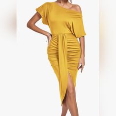 Off Shoulder Party Dress Features Asymmetic Wrap Split Front. Front Ruching. Washed. Never Worn. Length: 123 Cm/48.5", Sleeve Length: 25 Cm/9.75", Waist: 91 Cm/35.75", Hip: 103 Cm/40.5", Yellow Ruched Maxi Dress For Party, Yellow Off-shoulder Maxi Dress For Party, Stretch Draped Mini Dress For Party, Yellow Bodycon Evening Dress, Yellow Draped Dress With Ruched Details, Yellow Draped Ruched Dress, Draped Stretch Maxi Dress For Party, Yellow Off-shoulder Party Dress, Yellow Sheath Bodycon Party Dress