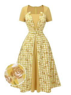 Yellow 1950s Plaid Rose Panel Raglan Dress – Retro Stage - Chic Vintage Dresses and Accessories 1950s Womens Fashion, Raglan Dress, Retro Stage, Standard Dress, 1950s Style, 1960's Dress, Fantasy Gowns, 1950s Dress, Look Vintage