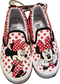 Casual Pink Minnie Mouse Sneakers, Cute Minnie Mouse Sneakers With Round Toe, Cute Minnie Mouse Low-top Sneakers, Cute White Slip-on Canvas Shoes, White Cute Slip-on Canvas Shoes, White Disney Synthetic Sneakers, White Canvas Shoes With Red Sole, White Canvas Shoes With Red Sole And Round Toe, Disney White Sneakers With Mickey Mouse