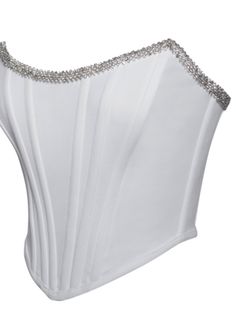 This fitted corset top will add glam to your look. The crystals are hand placed along the the entire neckline edge front and back. It has light stretch which hugs your curves. Pair it with a blazer or wear it as a stand alone statement piece. Material: Stretch Crepe Boned Corset Crystals Silver Corset, Corset Jumpsuit, Fitted Corset, Wedding Corset, Bridal Corset, Boned Corsets, Bridal Elegance, Crystal Trim, Evening Dresses For Weddings