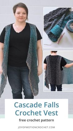 the cascade falls crochet vest pattern is shown in three different sizes and colors