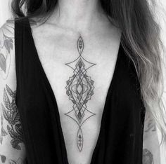 20 Sexy-as-Hell Sternum Tattoos Heart Chakra Tattoo, Chakras Tattoo, Tattoo Line Art, Sternum Tattoos, Sternum Tattoo Design, Chakra Design, Tattooed Lady, Tiny Tattoos For Women, Chakra Tattoo