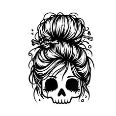 a black and white drawing of a skull with hair in the shape of a woman's head