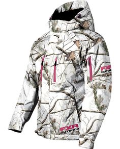 a white jacket with pink trims on the chest and hood, in camouflage print