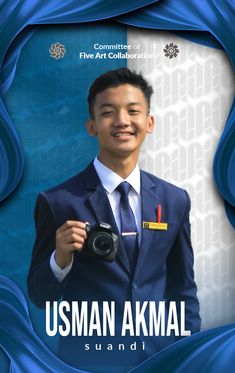 a man holding a camera in front of a blue background with the words usman akmal on it