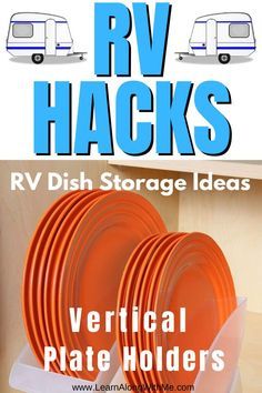 rv hacks rv dish storage ideas vertical plate holders with text overlay reading rv hacks rv dish storage ideas vertical plate holders