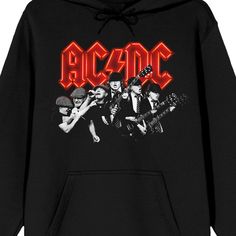 Rock out in style with this ACDC sweatshirt. The hoodie features a black and white image of the rock band under red letters with a thunderbolt that spell out the ACDC logo. The sweatshirt comes in black and is equipped with an adjustable hood and a large pouch pocket. ACDC fans will love this comfy and cozy hoodie.