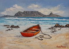 a painting of a red boat on the beach with mountains in the backgroud