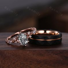 Here we have a Vintage Black Rutilated Quartz Couples Ring Rose Gold Matching Ring Set His and Hers Wedding Band Promise Ring For Men For Women Black Stone. Moss agate set: https://www.etsy.com/listing/1716926987/vintage-green-moss-agate-couples-ring?click_key=976c78ae43186872022d4c59854a52d0ed895813%3A1716926987&click_sum=15a89b76&ref=shop_home_active_36&pro=1&frs=1 Green emerald set: https://www.etsy.com/listing/1713102440/vintage-green-emerald-couples-ring-rose?click_key=90d98b915f7b0263b61f5 Viking Style Engagement Rings, Wedding Ring Husband And Wife, Non Traditional Wedding Ring Sets, Matching Ring Sets, Matching Ring Sets For Couples, Durable Wedding Rings For Women, Wedding Rings Him And Her, Black Emerald Ring, Goth Wedding Ring Set