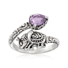 Ross-Simons - 1.00ct Amethyst Bali-Style Elephant Bypass Ring Pear Cut in Silver. Size 9. Rich with symbolism and beautifully designed, this Bali-style bypass ring is crafted in oxidized and polished sterling silver. It features a detailed elephant, a symbol of wisdom and good fortune, alongside a 1.00 carat pear-shaped amethyst, believed to bring tranquility to the wearer. 5/8" wide. Amethyst Bali-style elephant bypass ring. Amethyst birthstones are the perfect gift for February birthdays. Symbol Of Wisdom, Amethyst Birthstone, February Birthday, Bali Fashion, Bypass Ring, Pear Cut, Buy 1, Pear Shaped, Jewelry Rings