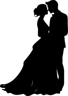 a silhouette of a bride and groom holding each other in their arms, with the background white