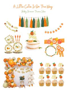 a baby shower theme with oranges and cupcakes on the table, decorations