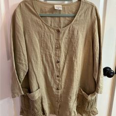 Click Brand Linen Button Down Tunic/Jacket, Tan/Beige, Size Xl, New Never Worn, Pleated Detail Pockets, 3/4 Sleeves, 100% Linen, Mother Of Pearl Buttons. This Is A Beauty, Stored In Smoke And Pet Free Home. Measurements: 24 Inches Armpit To Armpit 27 Inches Back Of Neck To Back Hem 23 Inches Front Neck To Front Hem Mother Of Pearl Buttons, Pearl Buttons, Mother Of Pearl, Button Downs, Womens Tops, Pet, Women Shopping, Beauty, Color