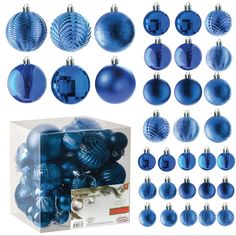 a bunch of blue christmas ornaments are in a box and it's all ready to be put into the package