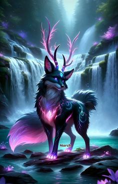 a wolf standing in front of a waterfall with purple lights on it's eyes