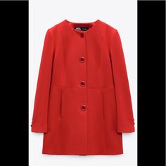 Zara Long Fitted Blazer Basic And Beautiful Elegant Red Outerwear For Fall, Zara Red Outerwear For Fall, Zara Red Blazer For Fall, Chic Red Zara Outerwear, Chic Red Outerwear With Buttons, Zara Red Formal Outerwear, Chic Red Single-breasted Outerwear, Elegant Red Zara Blazer, Red Formal Outerwear For Spring