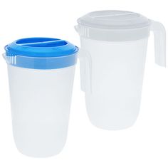 two plastic cups with blue lids on white background