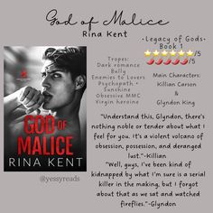 an advertisement for the book god of malice by rina kent, which is written