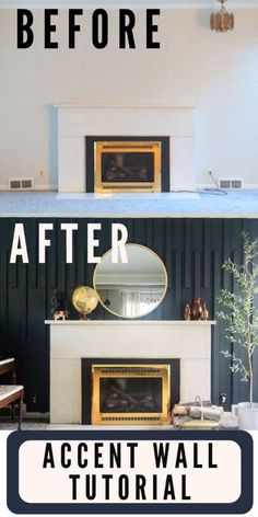 before and after pictures of a fireplace with black paint, gold trim and white walls