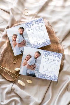 three wedding photos on top of a wooden slice with flowers and twinklings next to them