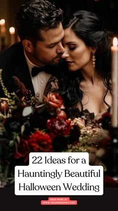 A stunning wedding couple in a darkly elegant wedding setup with gothic decor, featuring black and deep red flowers, eerie candlelight, and spooky Halloween-themed elements creating a hauntingly beautiful atmosphere. Halloween Rehearsal Dinner Ideas, Halloween Wedding Favours, Hocus Pocus Wedding Theme, Oct Wedding Ideas, Samhain Wedding Ideas, Adams Family Wedding Theme, Halloween Wedding Colors Schemes, Dark Fall Wedding Ideas, Vintage Autumn Wedding