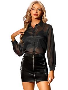 Button down shirt with semi-sheer glossy fabric for a charming impression. This pretty point collar shirt tops with mesh sheer design, which adds a feminine touch. Suit for Spring, Summer, Autumn and for many occasions, such as Outdoors, Casual, Work, Shopping, Street, Dating, Vacation, Sport, Party, Club, Weekend Gathering, Daily Wear, etc. Sheer Button-up Tops For Night Out, Fitted Sheer Black Shirt, Chic Sheer Button-up Blouse, Sheer Fitted Button-up Blouse, Sheer Black Shirt, Black Sheer Sleeves Button-up Blouse, Mesh Tops, Mesh Shirt, Sheer Shirt